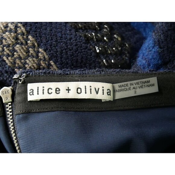 NWOT Alice + Olivia Elana Tweed Fringe Metallic Mini Skirt Blue Black 2 - Picture 4 of 5